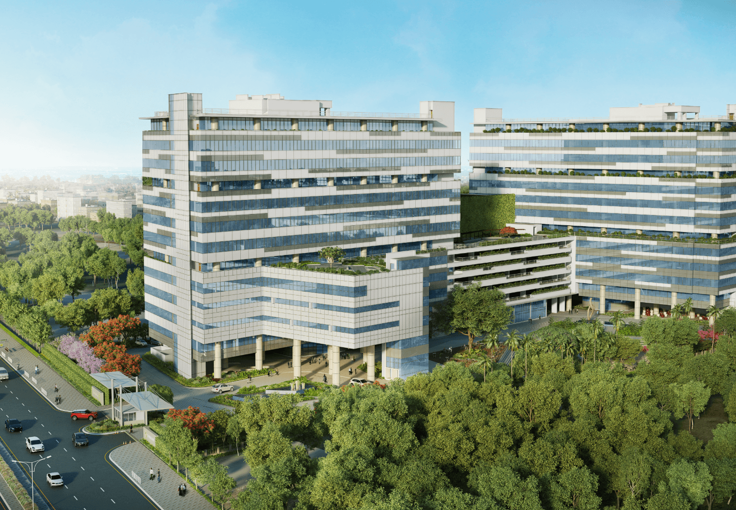 Modern architectural building complex with green elements